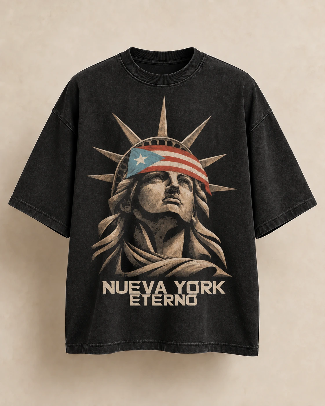 The Raíces Tee with Liberty, the light-blue Puerto Rican flag, and NUEVA YORK / ETERNO printed on the front