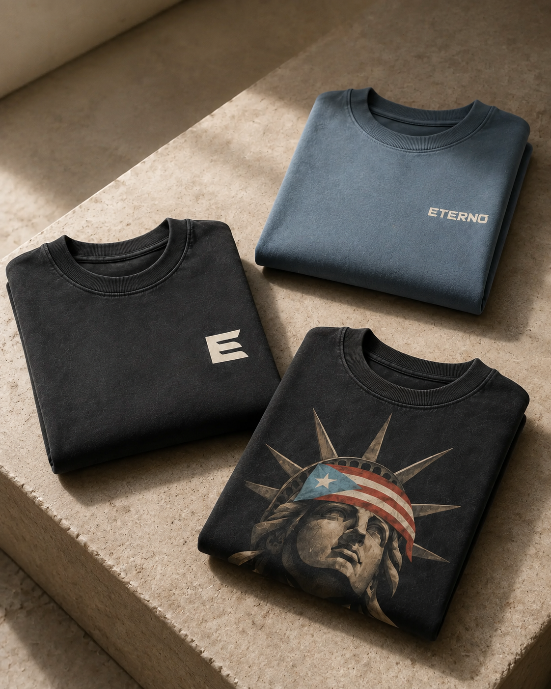 Three folded ETERNO concept tees on a stone bench